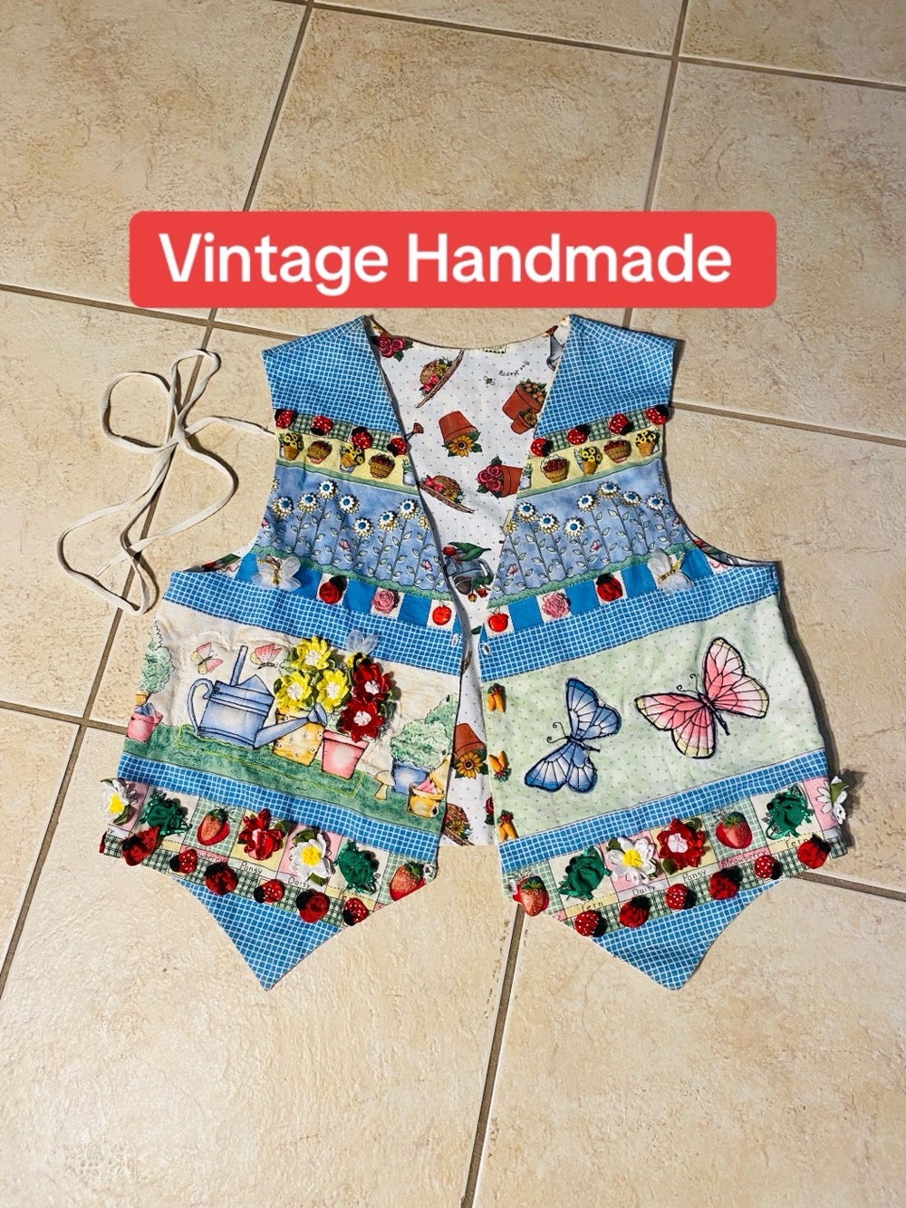 Womans Vintage Garden Theme Patchwork Vest With Many 3d Embellishments